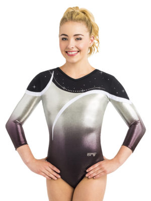 ERVY Turnanzug mit 3/4-Arm, aus Glitzerstoff silber-lila-schwarz, mit Strass