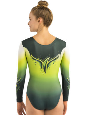 ERVY Print Gymnasikanzug mit geschwungenem Design in Grüntönen mit schwarz und weiß, mit langem Arm, mit goldenem Strass