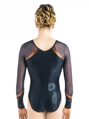 ERVY Gymnastikanzug in blau mit orangen Streifen im Oberteil und Armen, V-Ausschnitt