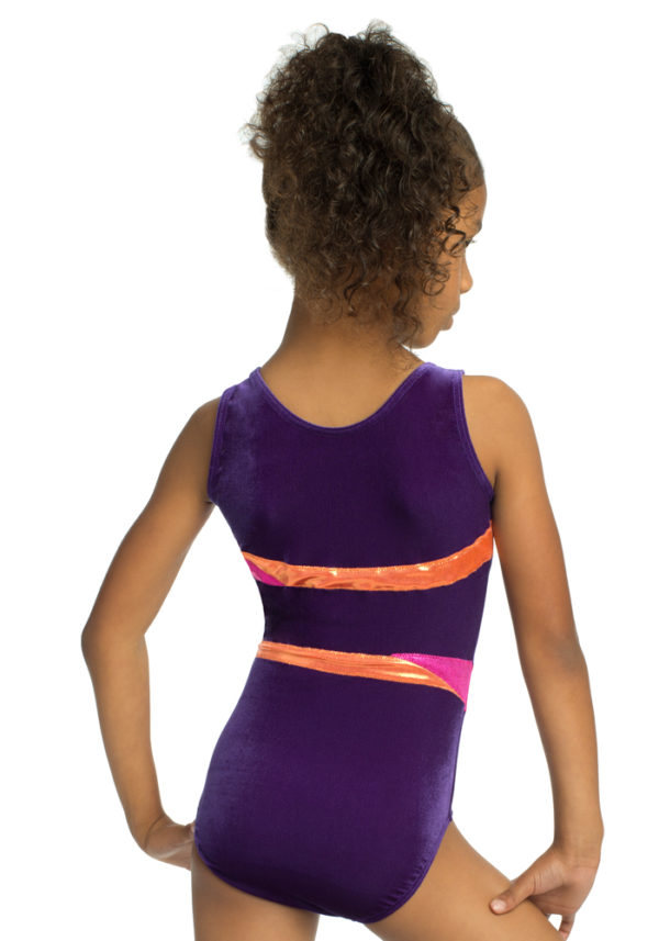 Turnanzug ohne Arm, lila, samt, Strassmotiv, orange und party-pink Streifen,