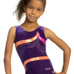 Turnanzug ohne Arm, lila, samt, Strassmotiv, orange und party-pink Streifen,