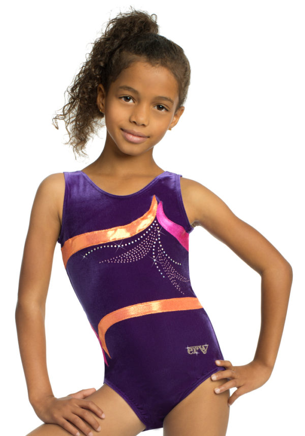 Turnanzug ohne Arm, lila, samt, Strassmotiv, orange und party-pink Streifen,