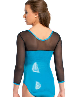 Turnanzug, 3/4 Arm, glänzend blau, Tüllarme, Strassmotiv