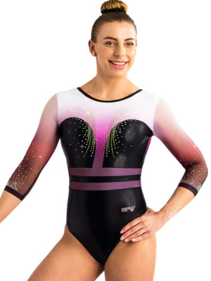 ERVY Wettkampfanzug mit 3/4 Arm, bedrucktem Pink-Weißverlauf im Oberteil, schwarz im Unterteil und Strass