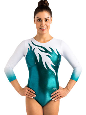 ERVY Turnanzug blau-weiß, mit Flammenmuster und Strass vorne, hinten, Ärmel