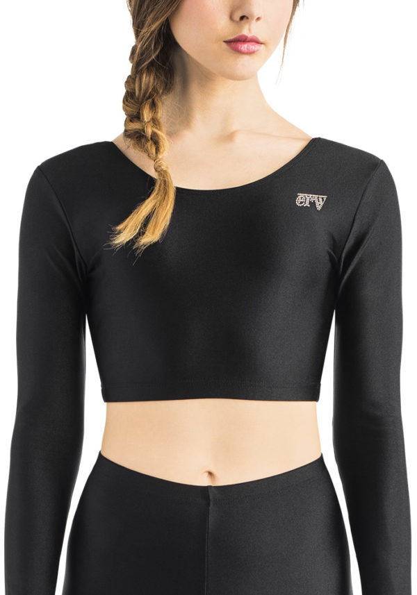 Unisex langarm Top bauchfrei und in Schwarz. Fitnesstop mit Rundhals.
