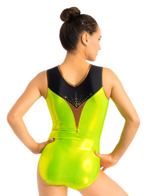 ERVY Grüner Turnanzug mit V-Design im Rücken und Strass. Mädchen Turnanzug ohne Arm.