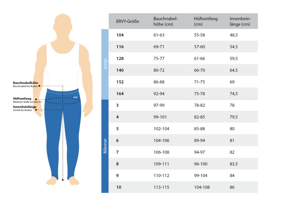 ERVY Größentabelle für Jungen und Herren für lange Turnhosen